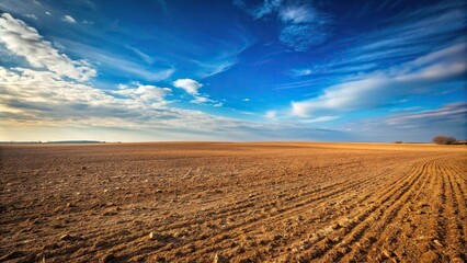 Barren brown field under a blue sky at a tilted angle, outdoors, blue sky, natural background, landscape, peaceful, field, empty, agriculture, serene, sunny, soil,barren, rural, environment