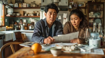 Fototapeta premium Asian couple at home, stressed and worried about past due bills and financial crisis