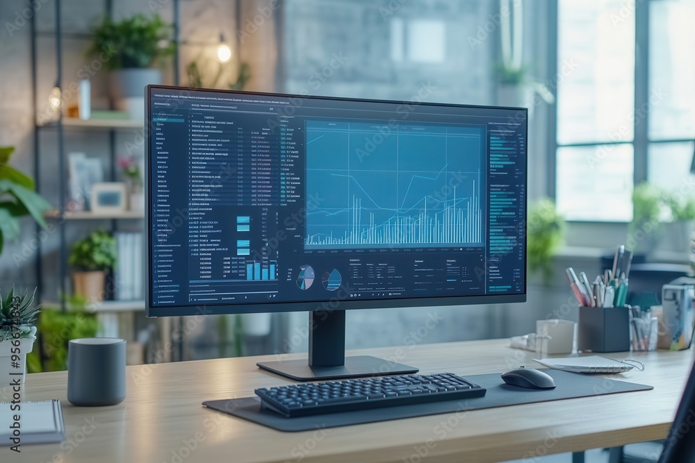 Fototapete An expert is deeply focused on complex data analysis at a well-organized desk with essential tools and a soothing coffee. Generative AI