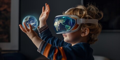 A child immersed in a virtual world using a virtual reality headset, reaching out towards a holographic Earth, symbolizing curiosity, technology, and futuristic exploration.
