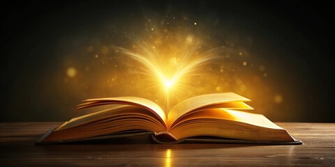 floating open book with glowing yellow light on dark background, dark, open, mystery, low angle,book, knowledge, education, background, glowing, magic, imagination, floating, surreal, light