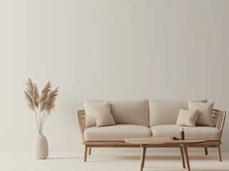 With white walls and sofa, this bright and cozy modern living room interior has a plant and a sofa.