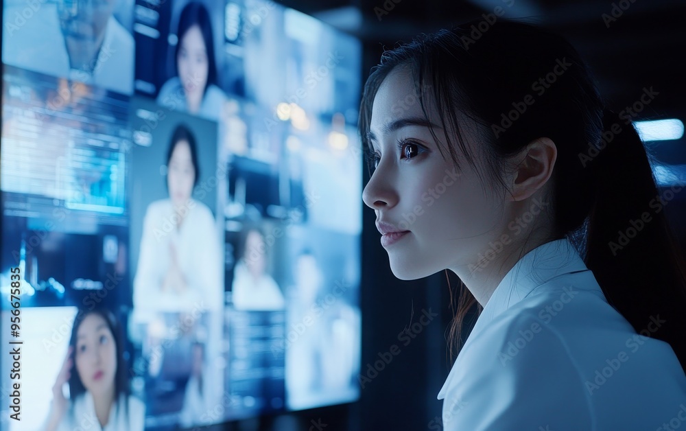 Poster a woman observes multiple digital screens displaying various images and data, suggesting a high-tech