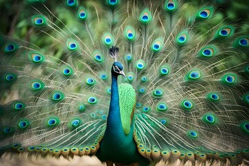 Obraz premium Green peafowl bird blurry nature background, AI Generated