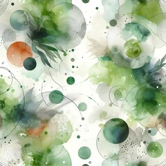 A seamless abstract digital watercolor artwork in green and white, featuring flowing blots, splashes, strains, and drops of color, creating a calming and dynamic visual effect.