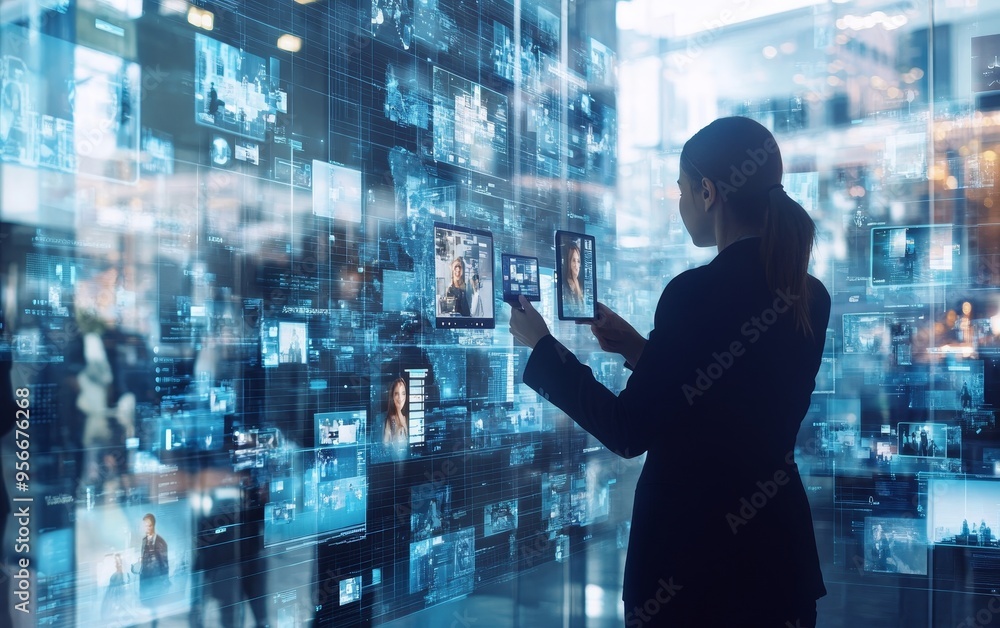 Poster a professional interacts with digital displays, showcasing various images and data in a modern, tech