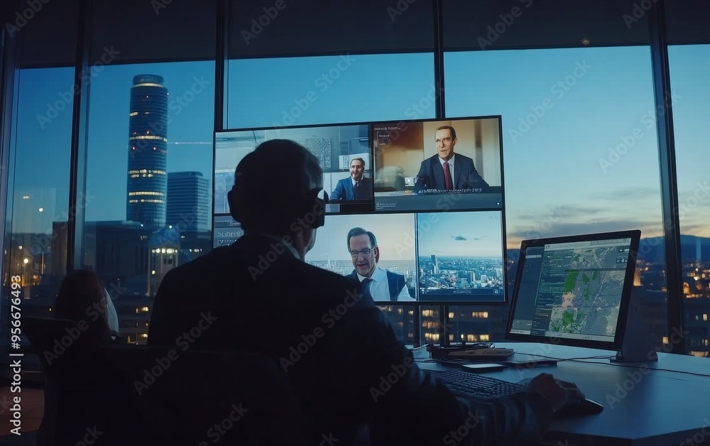 Poster a professional engaged in a video conference, surrounded by multiple screens displaying maps and bus