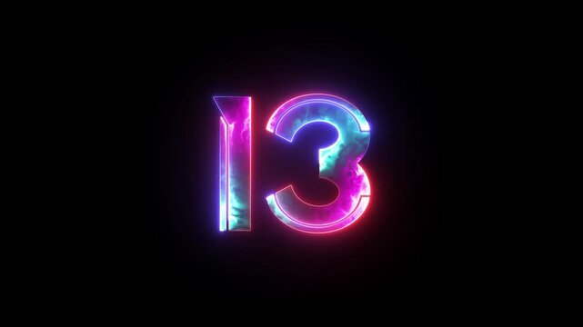 Glowing neon numeric number 13 animation. 4 color neon futuristic effect. Trendy glow lighting. 4K video animation