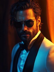 Fototapeta premium Bearded man in white tuxedo with intense stare