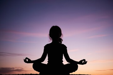 Girl Child Meditating Silhouette at Twilight Sky Symbolizing Prayer Mindfulness and Spiritual Connection