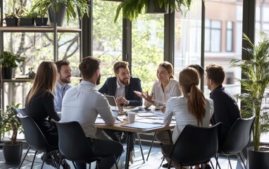 A group of professionals engaged in a discussion around a table in a modern office setting.