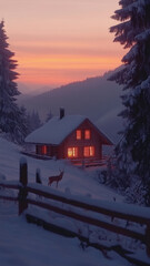 Winter cabin in snow with pink and orange sky