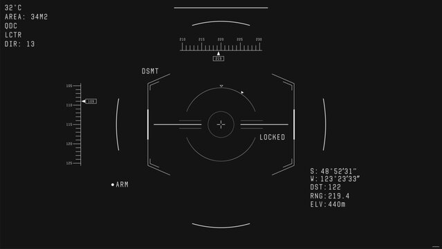 War drone camera viewfinder overlay. Template for military drone cam rec. Camera frame vector template. White lines Ui on black background. Fantasy combat drone UI frame for games and video, photo.
