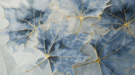 Fototapeta premium A cluster of semi-transparent blue maple leaves with elegant gold-trimmed edges, featuring subtle crack patterns on each leaf's surface