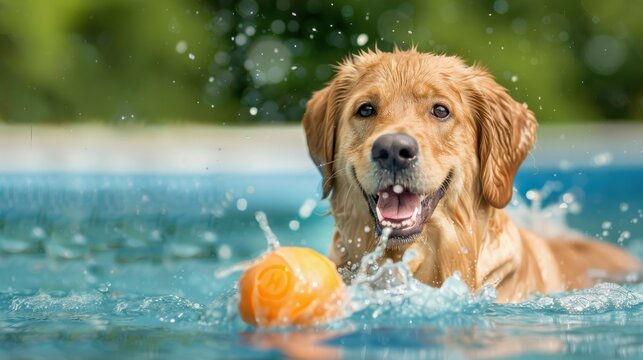 Golden retriever swimming in pool with orange ball on a sunny day