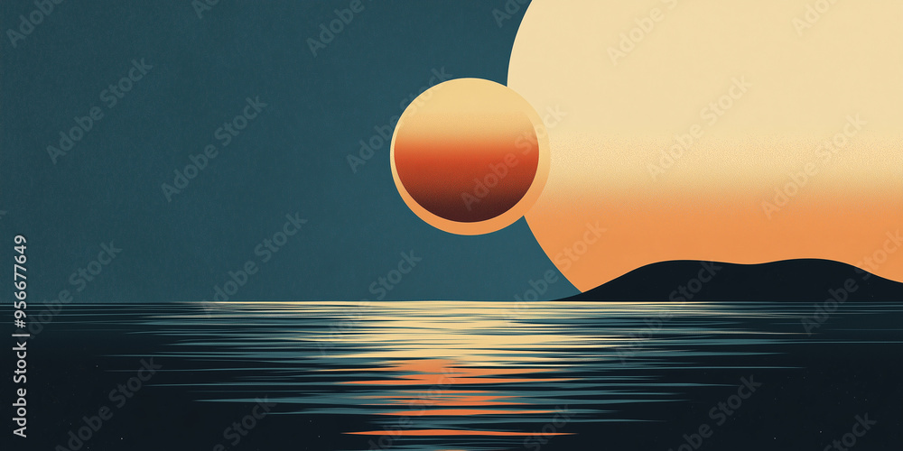 Poster minimalist landscape showing two planets setting over a calm ocean at dusk