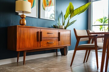 A wooden cabinet sits next to a blue armchair in a cozy living room interior where a beige sofa sits