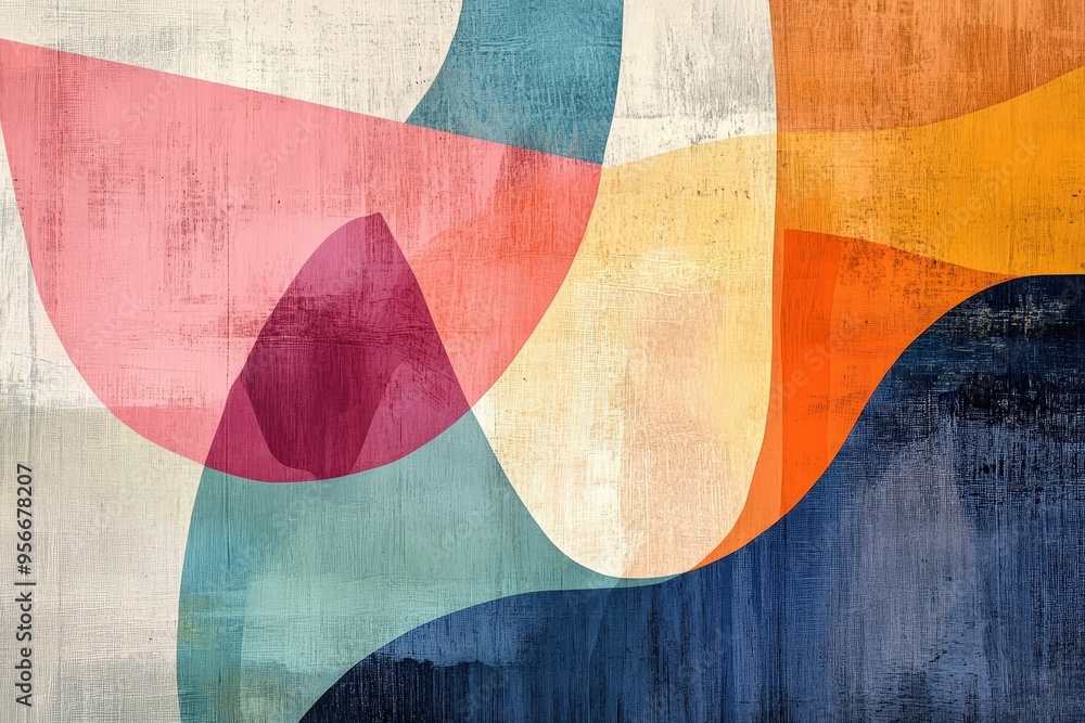 Poster abstract geometric shapes and colorful lines on canvas texture for artistic design.