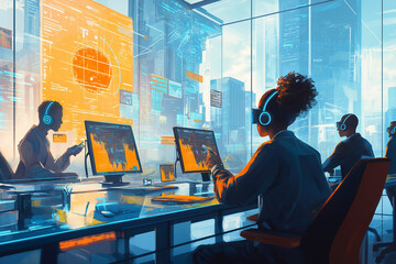 未来のオフィス：テクノロジーとリモートワークが融合するハイテク空間