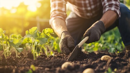 Fototapeta premium Gardening at Sunset: Harvesting Potatoes