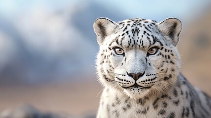 Majestic snow leopard gazing intently, showcasing its stunning spotted fur and piercing blue eyes in a serene natural setting.