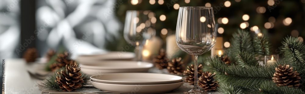 Poster 3d rendering of an empty glass set on a table decorated for christmas with pine cones plates cutlery