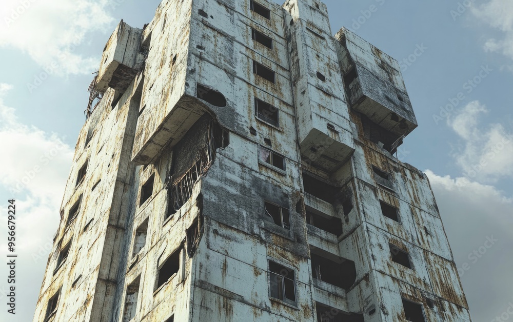 Poster 3d rendering of an abandoned multi storey towerblock awaiting demolition