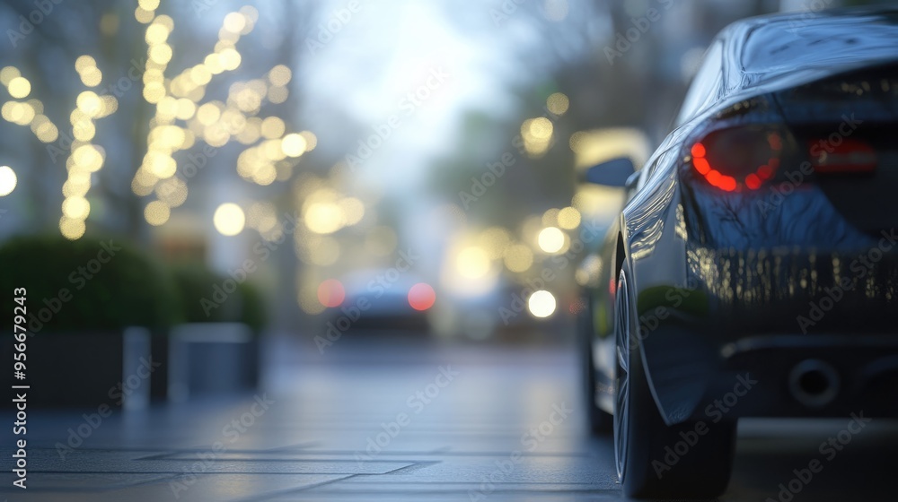 Poster 3d rendering of a car with a blurred focus in a parking setting