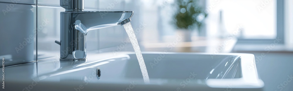 Poster 3d rendering of a bathroom faucet with no water flow close up view