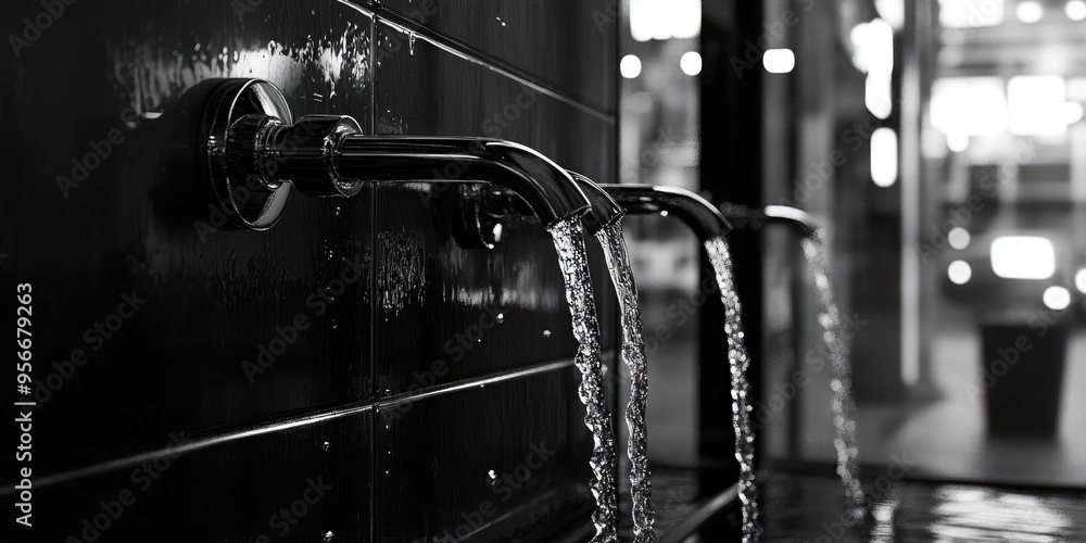 Poster 3d rendering of taps with running water in a shop window showcasing a stark black and white contrast