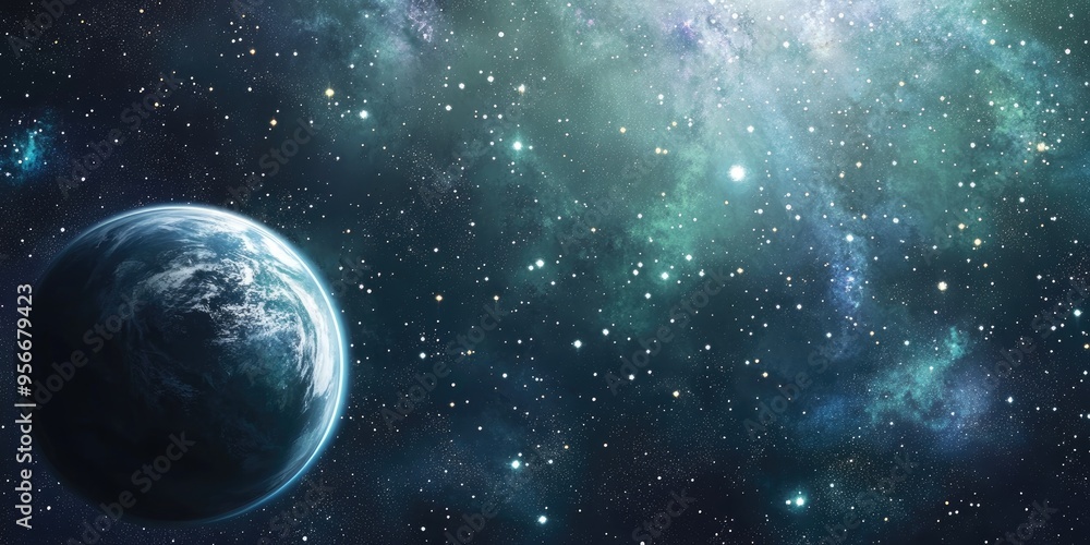Poster cartoon rendering in 3d of stars within a galaxy and a planet in open space