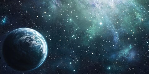 Cartoon rendering in 3D of stars within a galaxy and a planet in open space