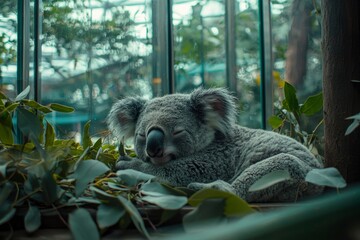 Obraz premium A Sleeping Koala Resting on Eucalyptus Leaves Near a Window