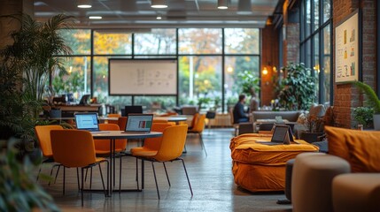 An open-plan office with collaborative workspaces designed for team meetings and brainstorming sessions