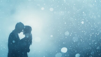 Romantic couple embracing in silhouette amid falling snowflakes, winter love concept