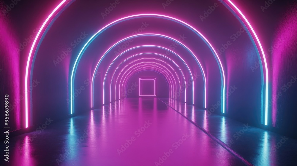 Poster 3d rendering of a glowing tunnel with neon lights featuring an abstract background square portal and