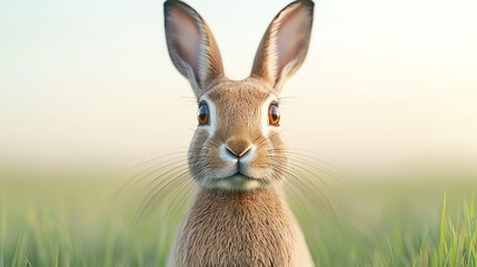 Fototapeta premium Realistic rabbit with expressive eyes, sitting in a lush green field, perfect for nature, wildlife, or pet-themed projects.