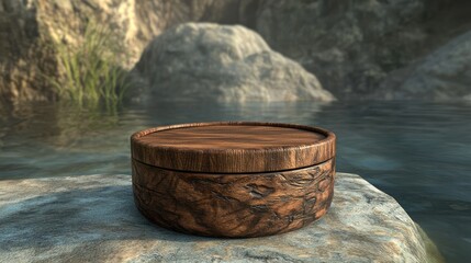 Fototapeta premium 3D rendering of a wooden lid placed on a large water jar