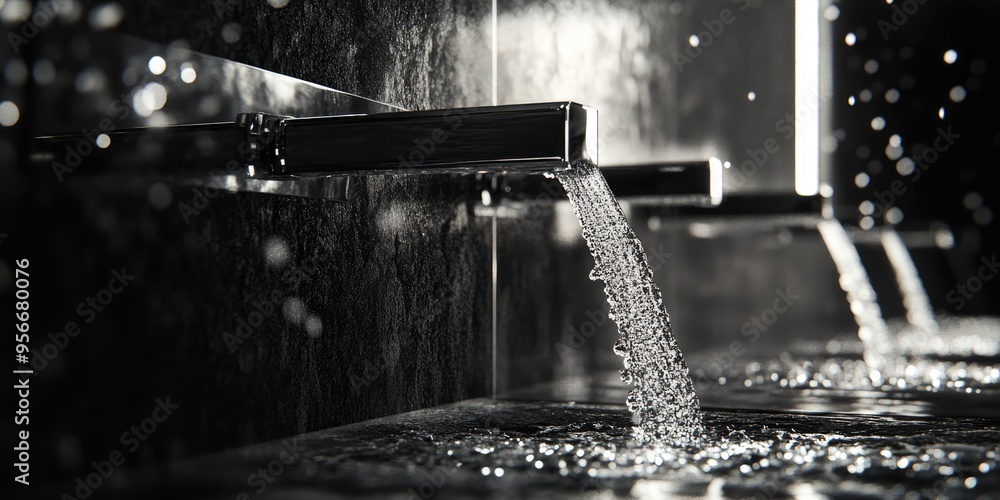 Poster 3d rendering of taps with running water in a shop window showcasing a stark black and white contrast