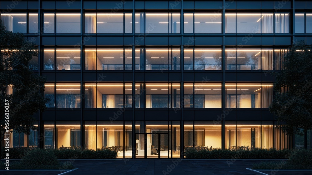 Poster 3d rendering of a glass facade of a contemporary office building at night showcasing large illuminat