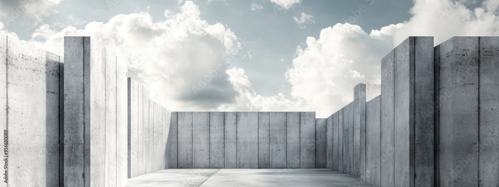 Aufkleber 3d rendering of concrete wall construction within an abstract architectural design against a cloudy 