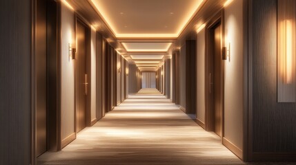 3D rendering of a hotel interior corridor featuring closed doors