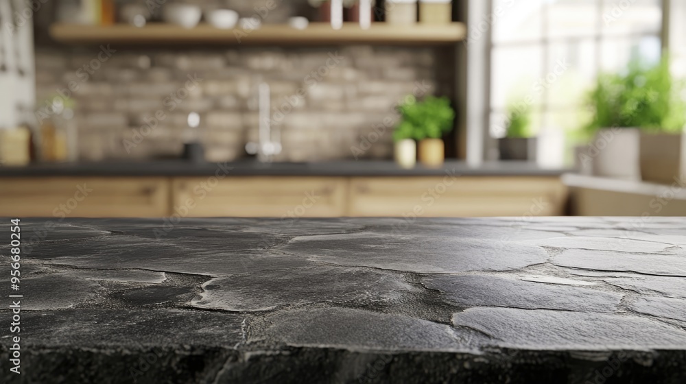 Poster 3d rendering of a stone tabletop with a blurred kitchen interior background ideal for displaying or 