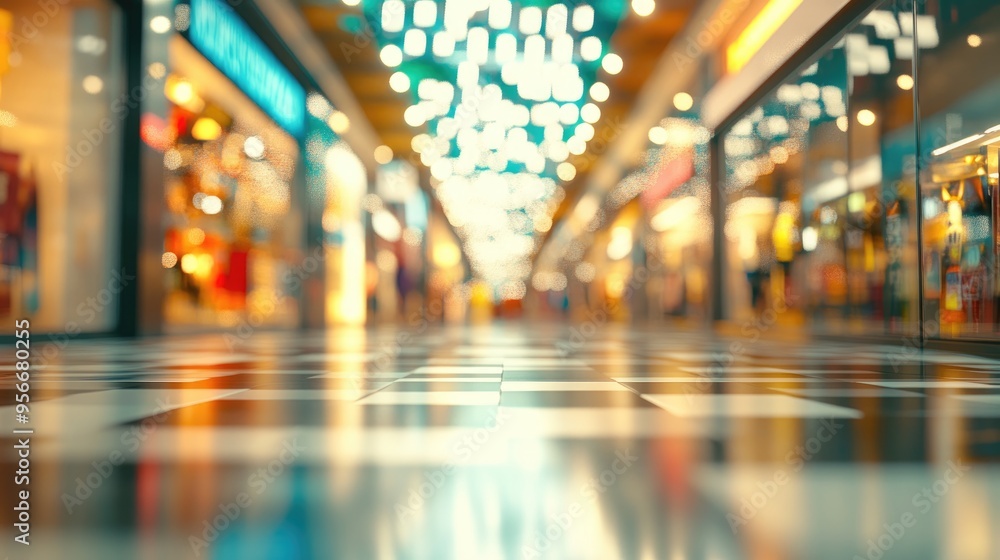Poster 3d rendering of a department store with a blurred wide angle background featuring bokeh effects