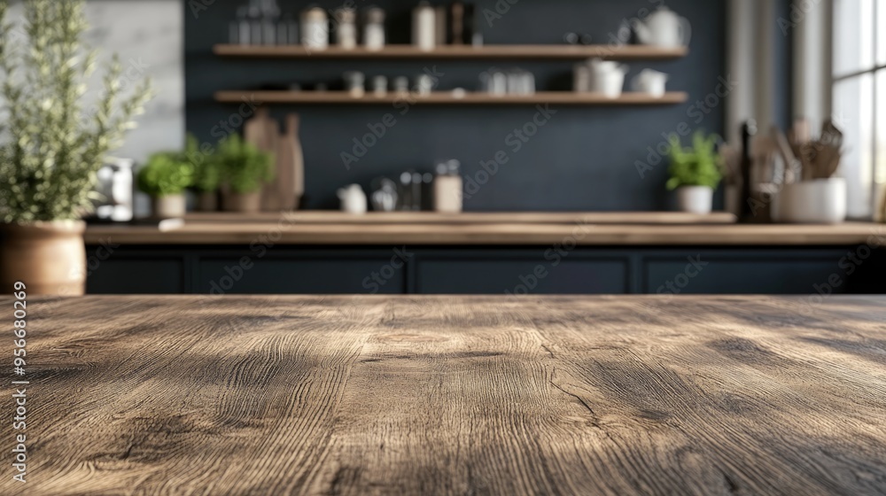 Poster 3d rendering of a wooden tabletop with a blurred kitchen counter background ideal for product displa