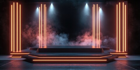 3D rendering of a black scientific stage featuring neon lights and a geometric podium for a Sci Fi display