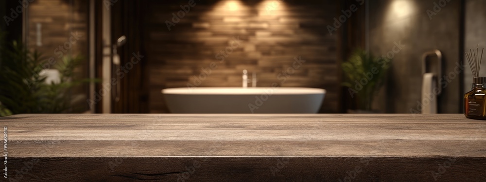Poster 3d rendering of a tabletop with a blurred bathroom in the background