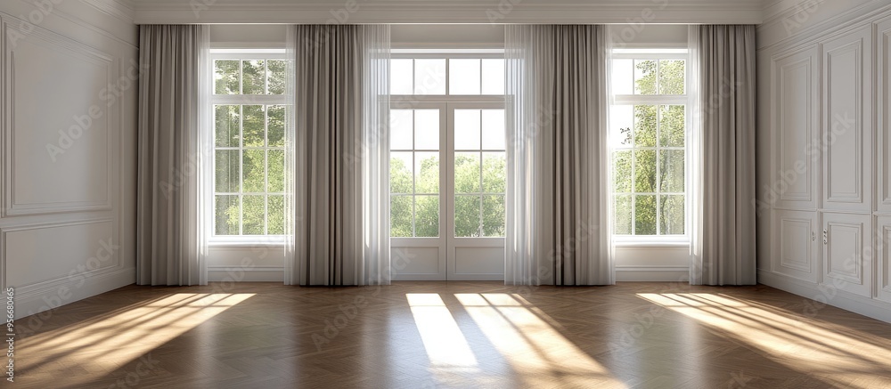 Aufkleber 3d rendering of an empty living room featuring a large bright window with curtains and a closed door