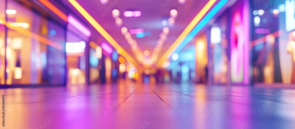 Poster 3d rendering of a shopping mall with an out of focus bokeh blurry background