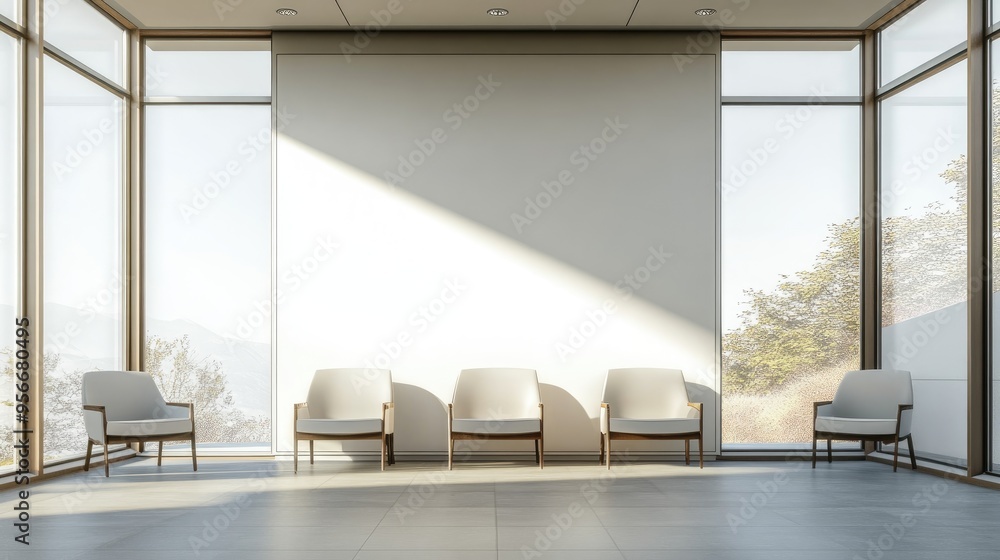 Poster bright waiting room mockup with large windows and sunlight streaming through featuring 3d rendering 